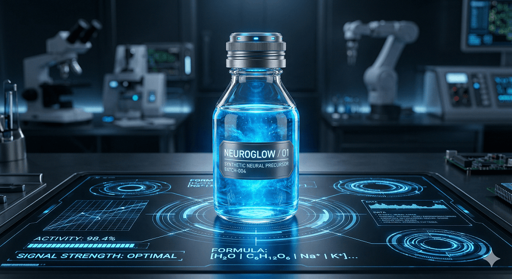 High-tech laboratory glass bottle containing glowing blue enzyme solution on a digital interface